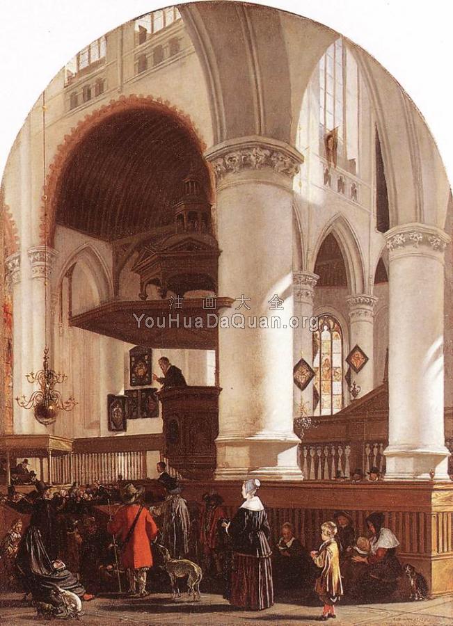 Interior of the Oude Kerk at Delft during a Sermon - 伊曼纽尔·德·韦特